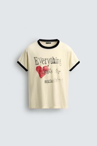 Zara CONTRAST HEART RIBBED T-SHIRT - Ecru