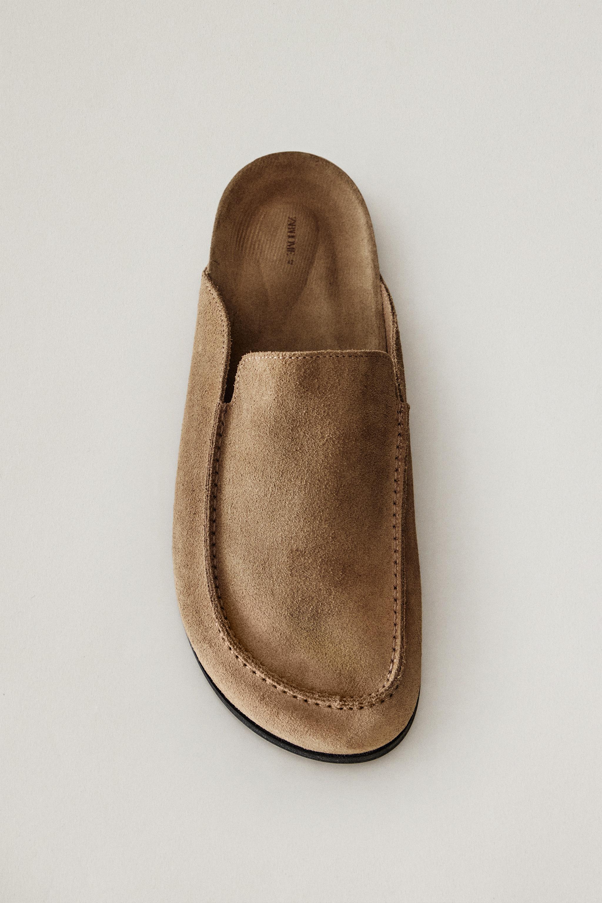 LEATHER MULE CLOG SLIPPERS — Brown