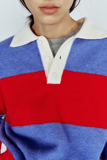STRIPED KNIT POLO SWEATER WITH SHOULDER PADS — White / Red 1