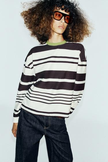 CONTRAST-NECK STRIPED T-SHIRT — Brown / White 1