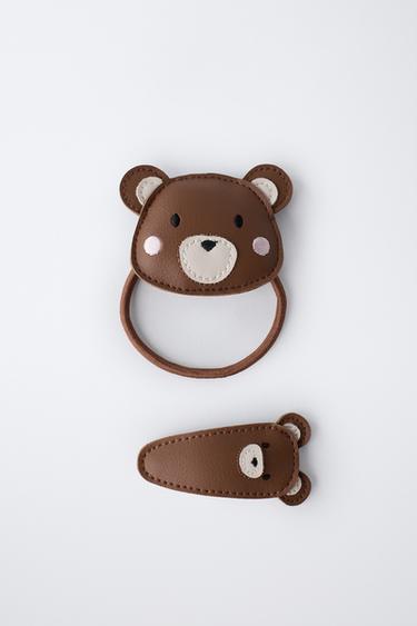 PACK OF SCRUNCHIE AND LEATHER EFFECT BEAR CLIP - Khaki by Zara - Image 3