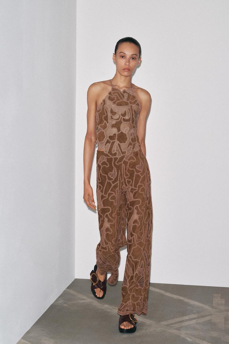 FAUX SUEDE CROCHET TROUSERS Beige-brown ZARA Australia