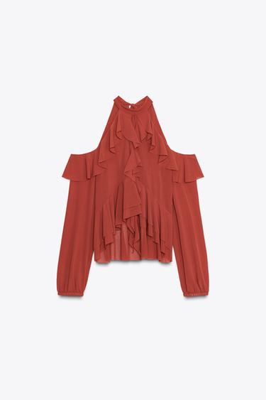 Zara RUFFLED HALTER TOP - Terracotta - Image 0