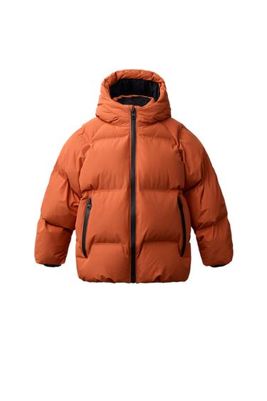 Zara WATER-REPELLENT HOODIE PUFFER COAT - Orange