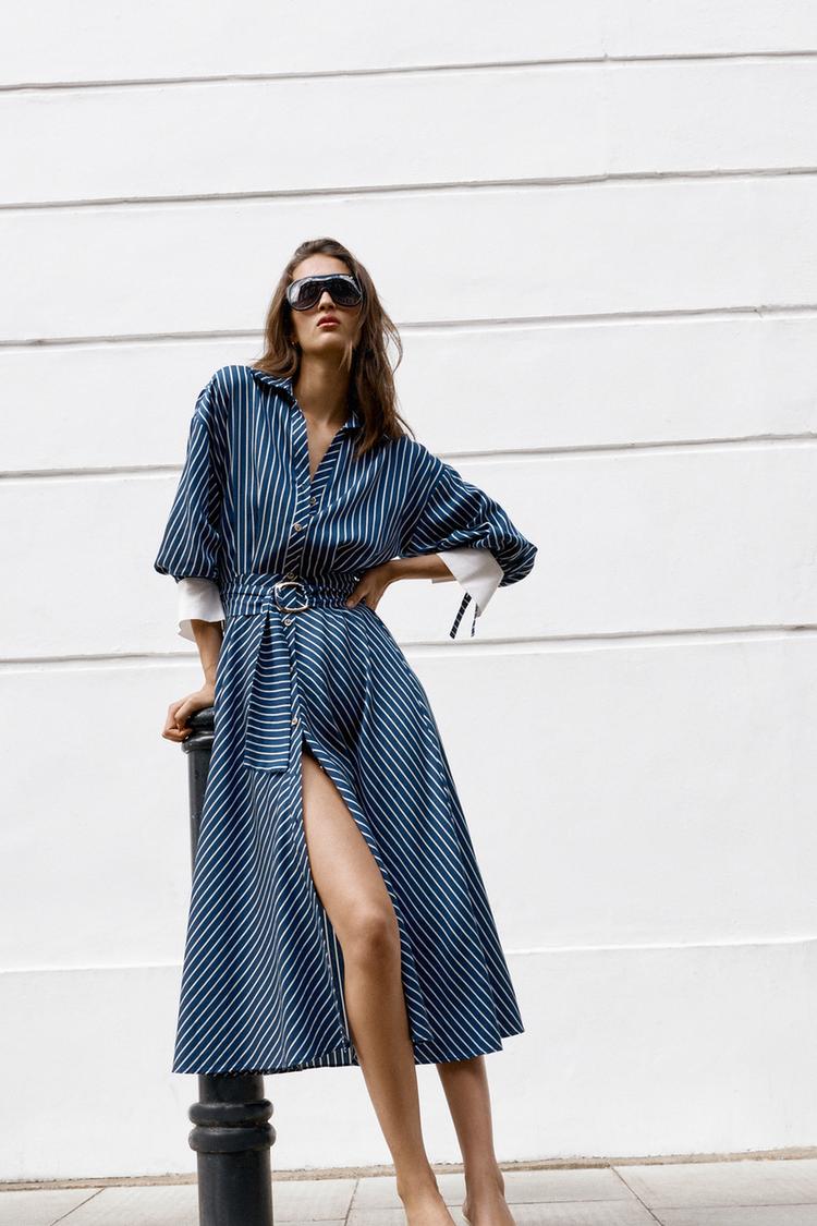 Vestido midi con cinturón y rayas 8