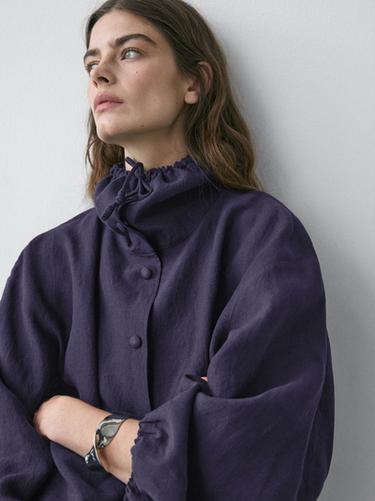 Veste bomber col fantaisie 100 % lin - Indigo de Zara