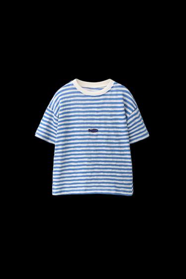 Zara EMBROIDERED FISH STRIPED T-SHIRT - Blue