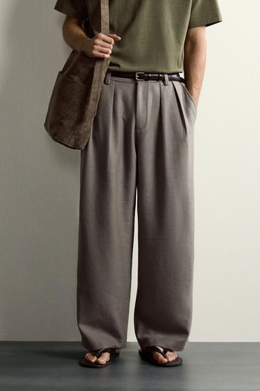 RELAXED FIT TEXTURED PLEATED TROUSERS - Grey green by Zara