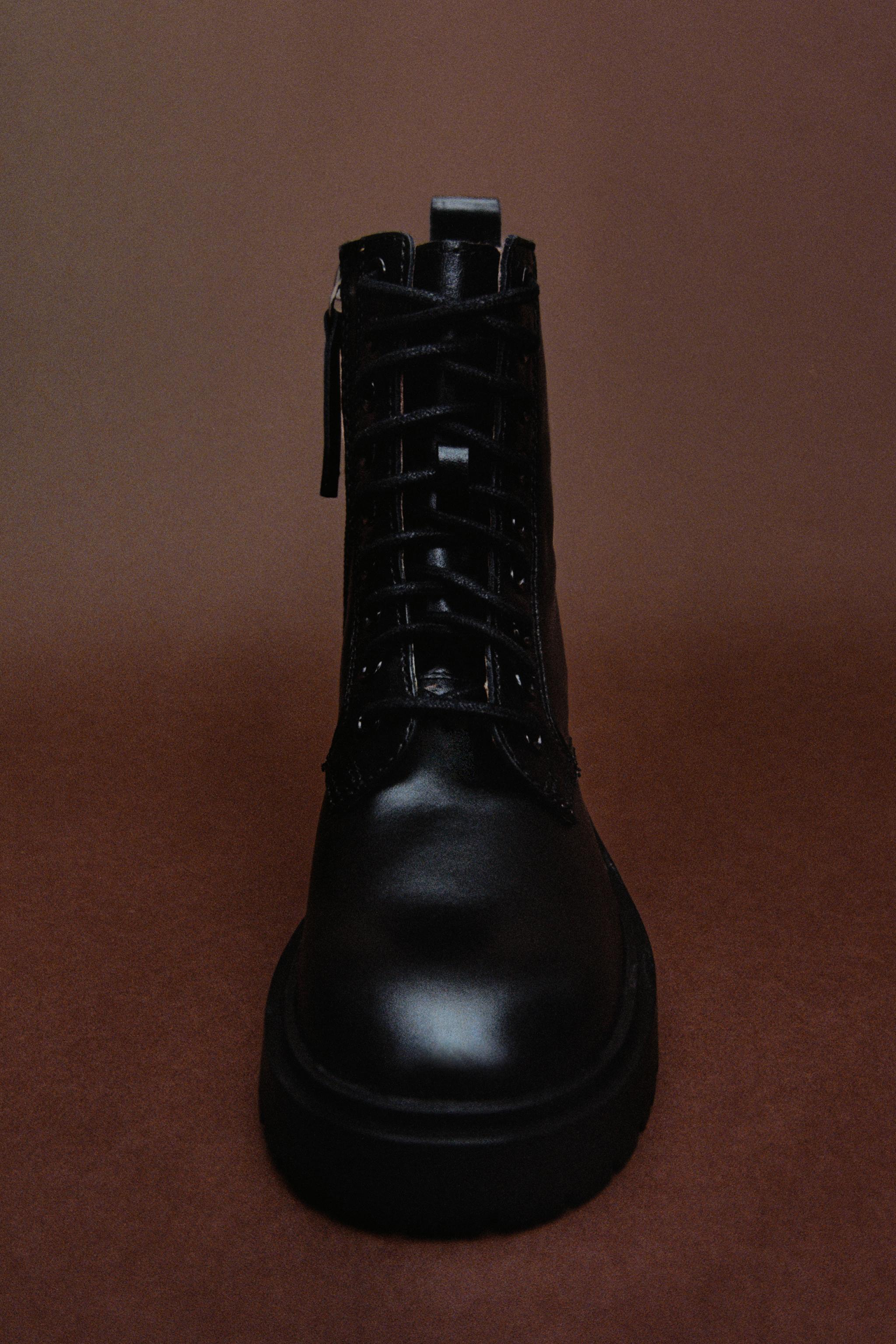 レースアップ リアルレザーアンクルブーツ - ブラック | ZARA Japan / 日本 