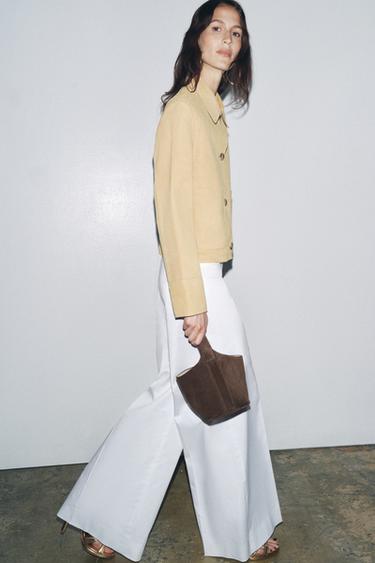 Zara SPLIT LEATHER MINI BUCKET BAG - Taupe Gray