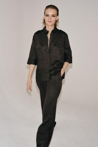 ZW COLLECTION FLARE LINEN TROUSERS - Mink by Zara