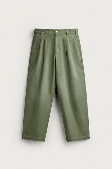 BAGGY FIT PLEATED CHINOS - Mid-green by Zara