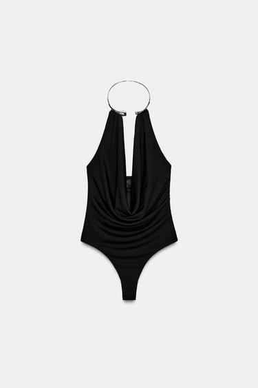 Zara DRAPED JEWEL NECK BODYSUIT - Black