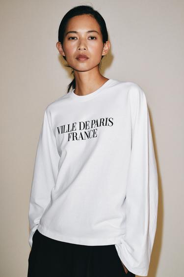 Zara LONG SLEEVE TEXT T-SHIRT - White