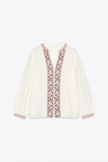 BLUSE MIT STICKEREI - Cremefarben von Zara