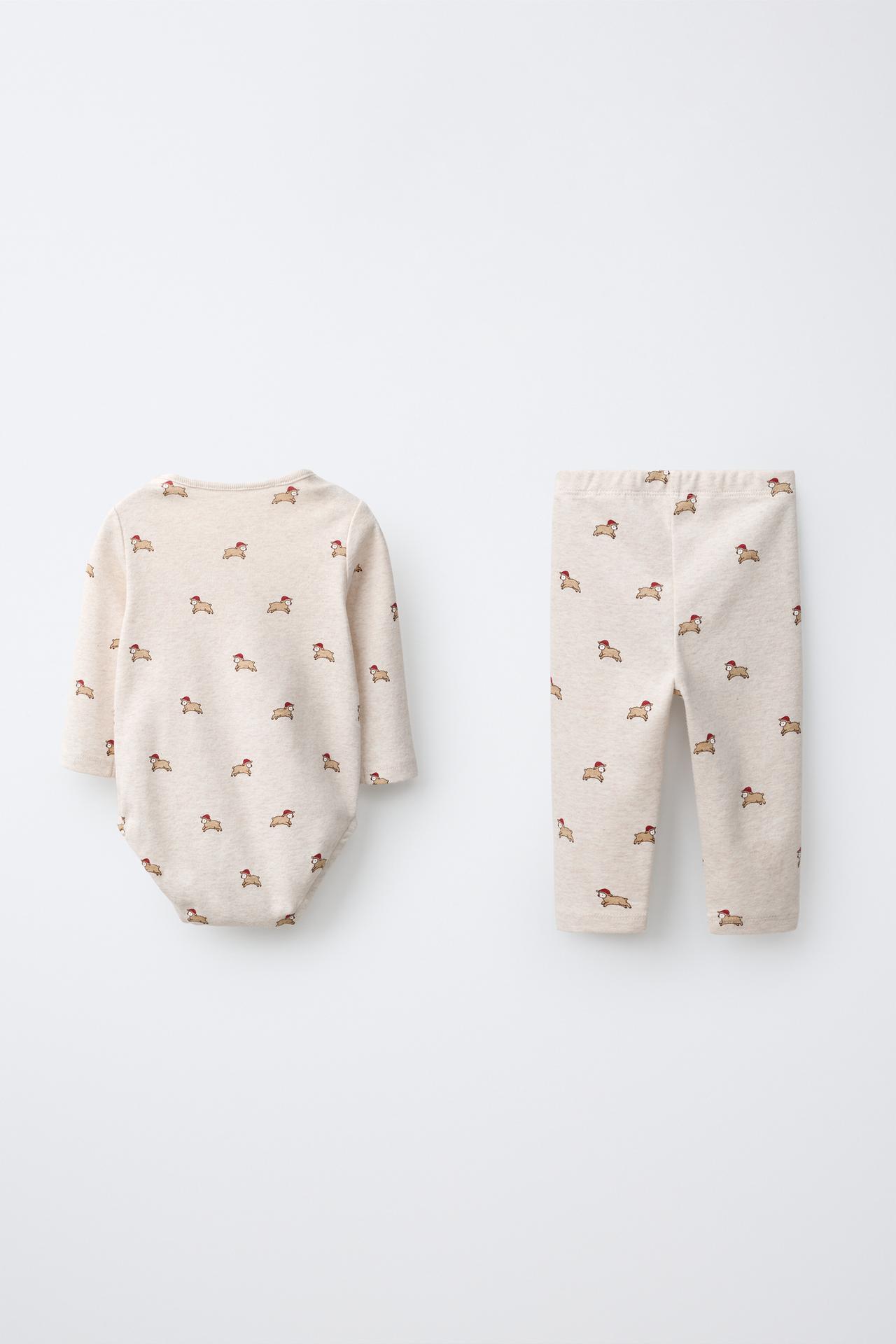 SHEEP PRINT BODYSUIT AND LEGGING SET — Beige marl