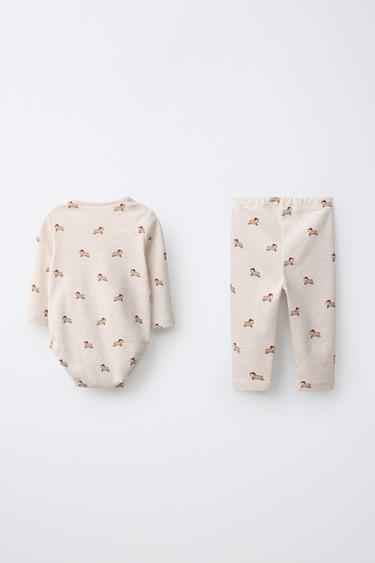 SHEEP PRINT BODYSUIT AND LEGGING SET — Beige marl 2