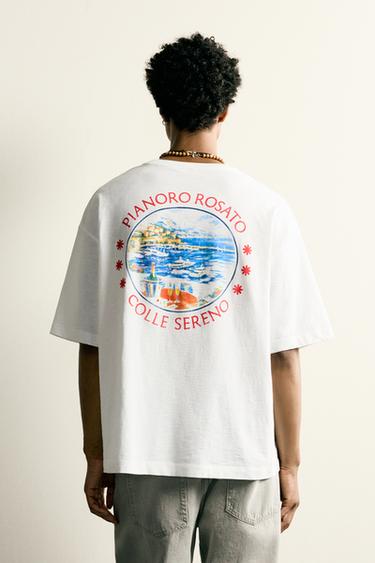 Zara RELAXED FIT CONTRAST PRINT T-SHIRT - Oyster-white