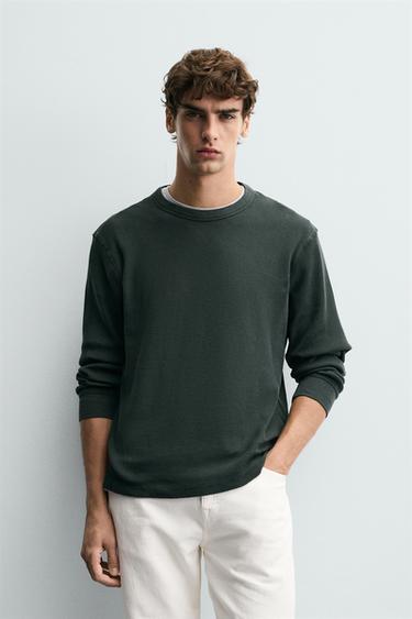 BASIC WAFFLE-KNIT T-SHIRT - washed green by Zara