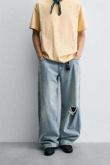 Zara RIPPED BALLOON FIT JEANS - Light blue