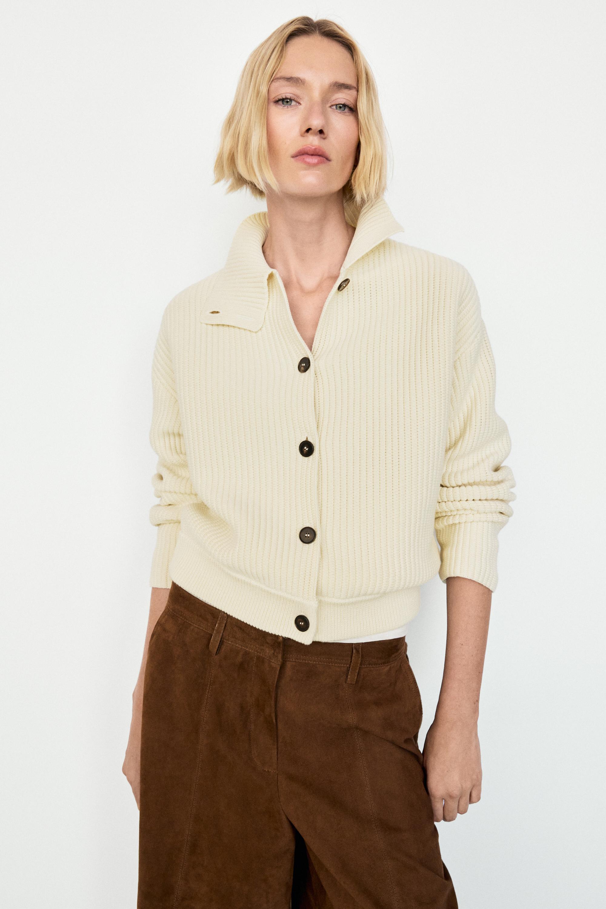 100% cotton turtleneck knit cardigan — Ecru