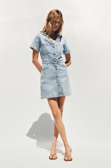 Zara Z1975 MINI DENIM SHORT SLEEVE DRESS - Light blue