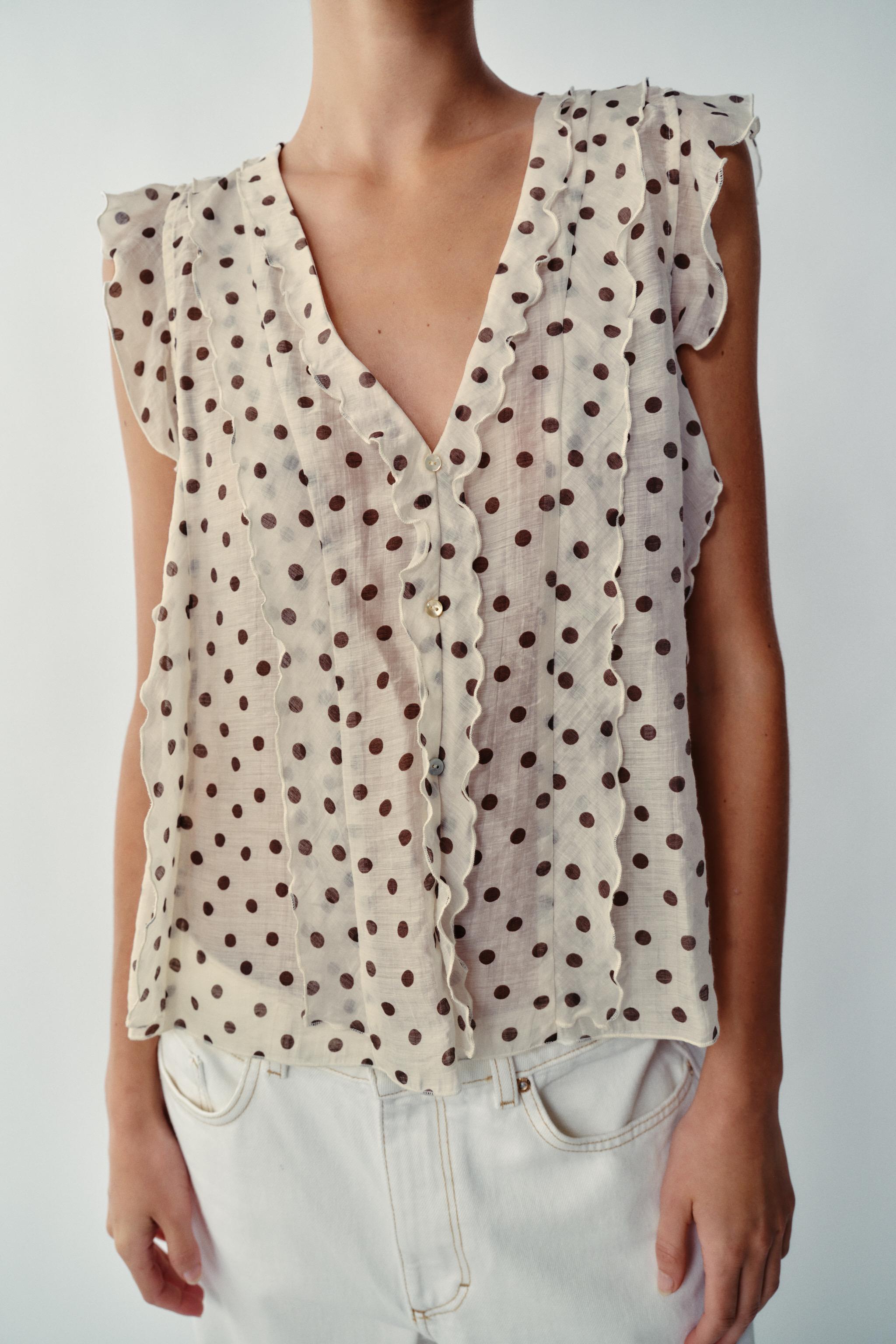 POLKA DOT PRINT BLOUSE — Ecru / Brown