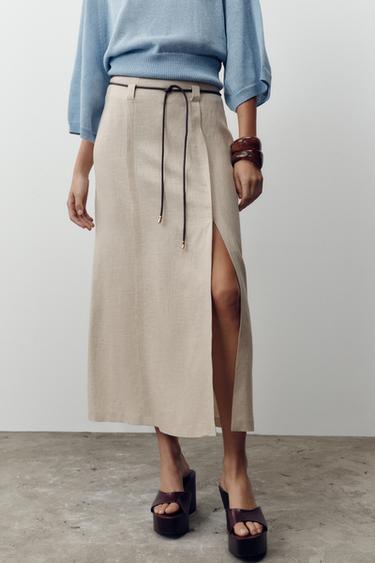 FALDA MIDI CINTURÓN CON LINO - Arena de Zara