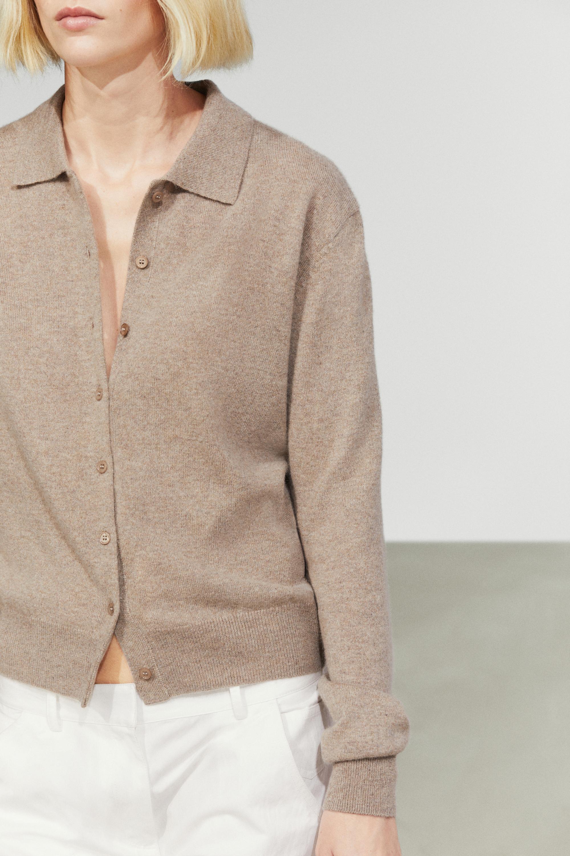 100% cashmere knit polo collar cardigan — Mink