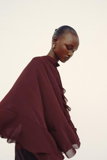 Zara TIE-BACK RUFFLED CAPE - Burgundy - Image 0