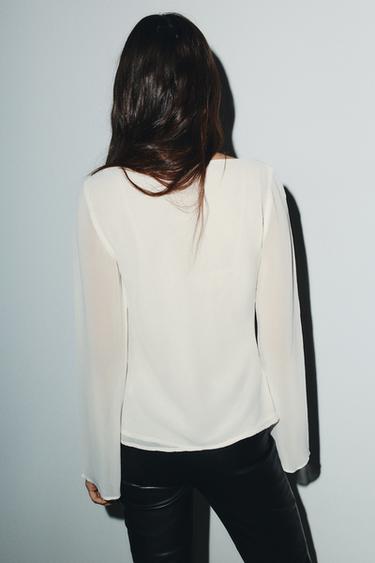 CHEMISE EN CRÊPE GEORGETTE AVEC DENTELLE ET NŒUD - Écru de Zara - Image 4