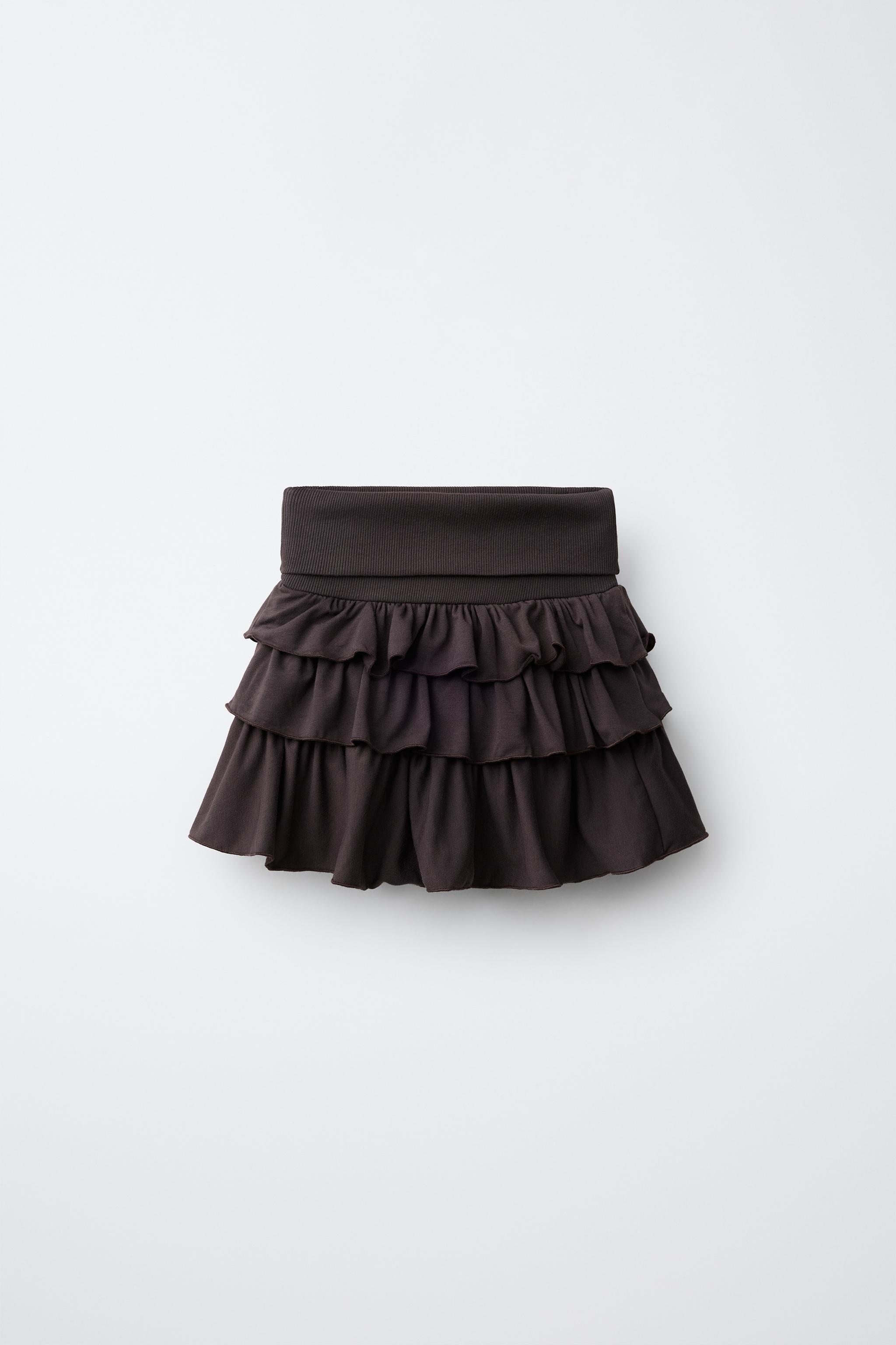 FOLDED WAIST RUFFLED SKIRT — Brown