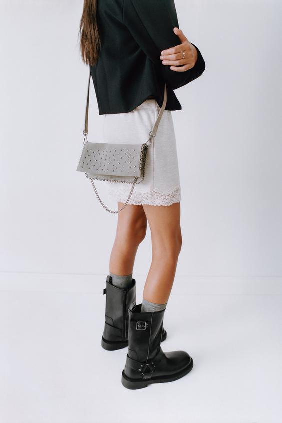 LEATHER CROSSBODY BAG WITH STUDS - Grey by Zara - Image 0