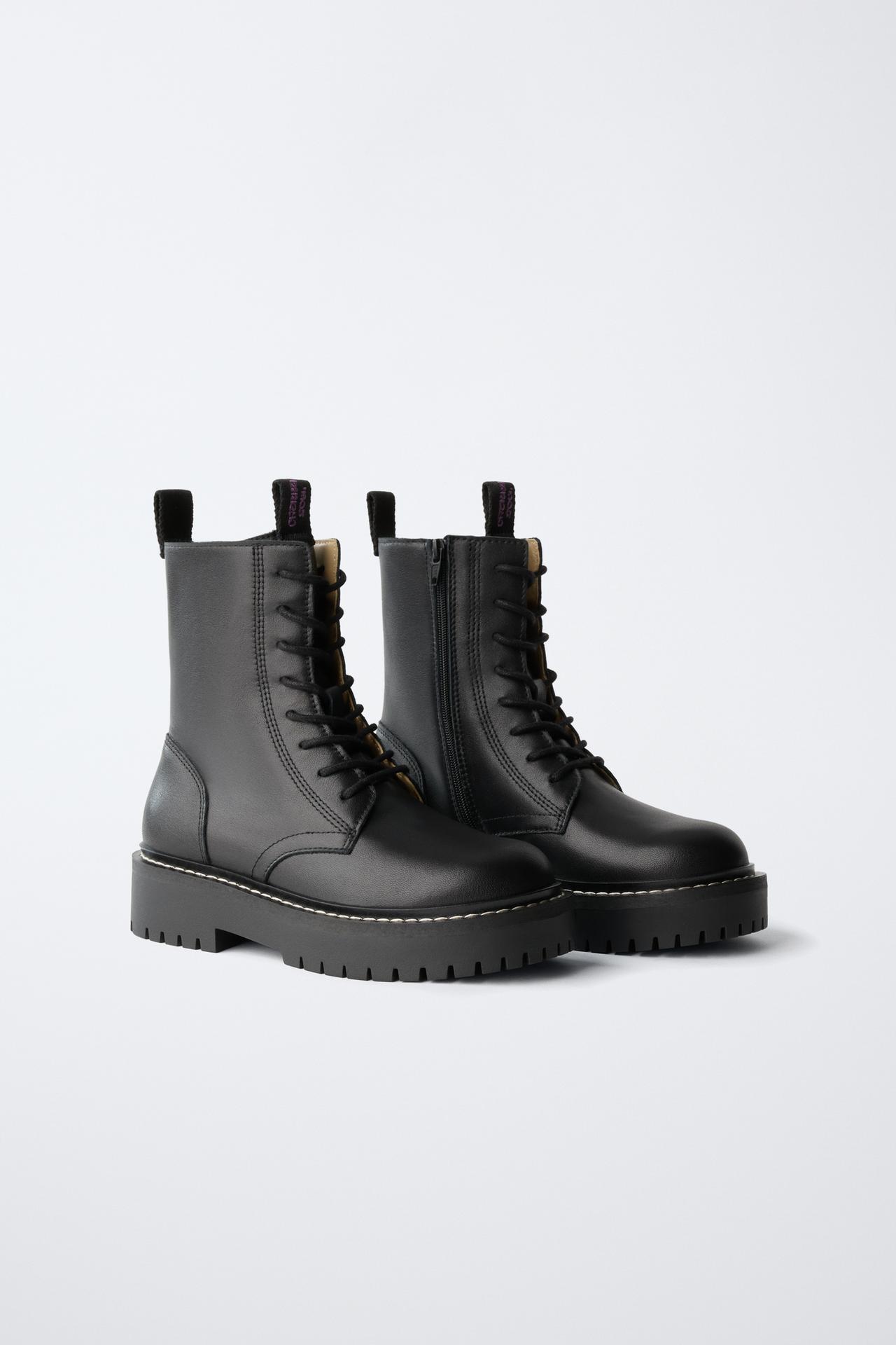 LEATHER LACE-UP ANKLE BOOTS — Black