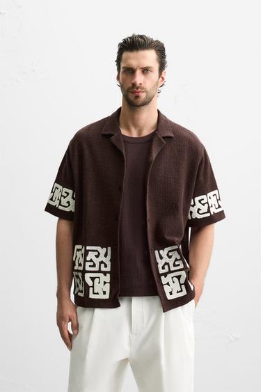 Zara RELAXED FIT EMBROIDERED SHIRT - Burgundy