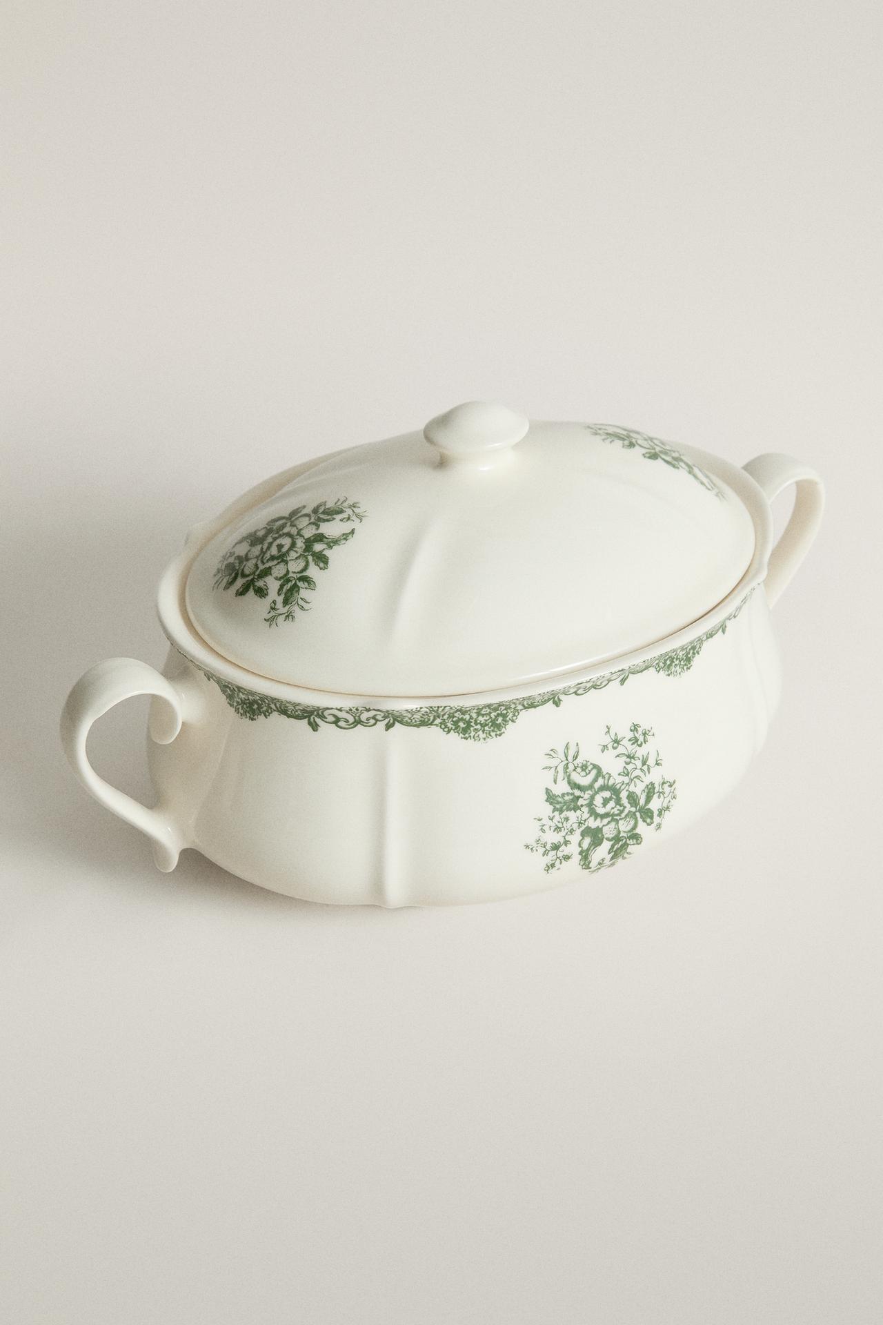 FLORAL EARTHENWARE TUREEN — Dark olive