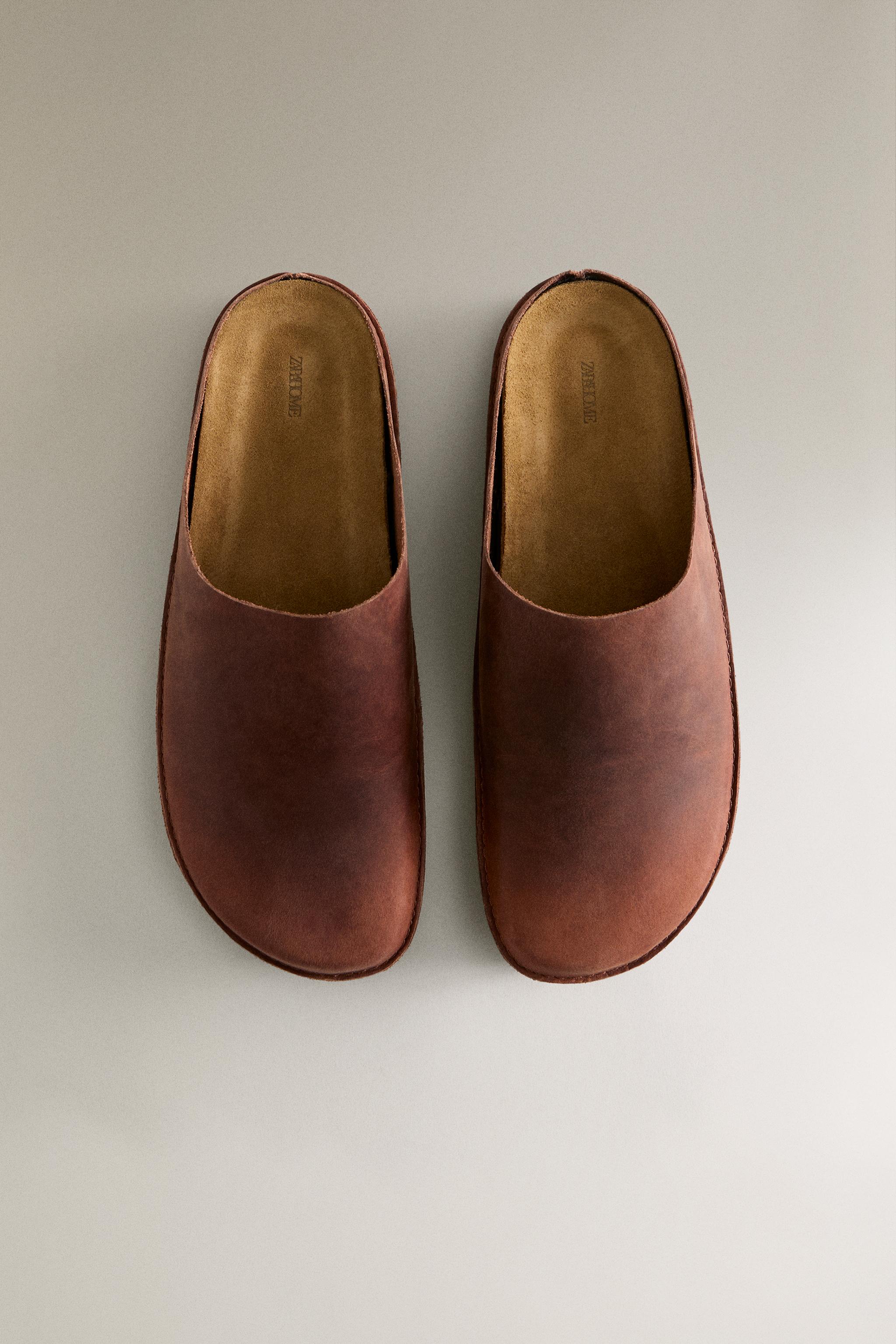 Zara x Nanushka Leather Mules Clogs Slip On Flat Shoes Brown Mens 7 Minimalist Zara LEATHER MULE CLOG SLIPPERS at Mall of America® in  main image 2