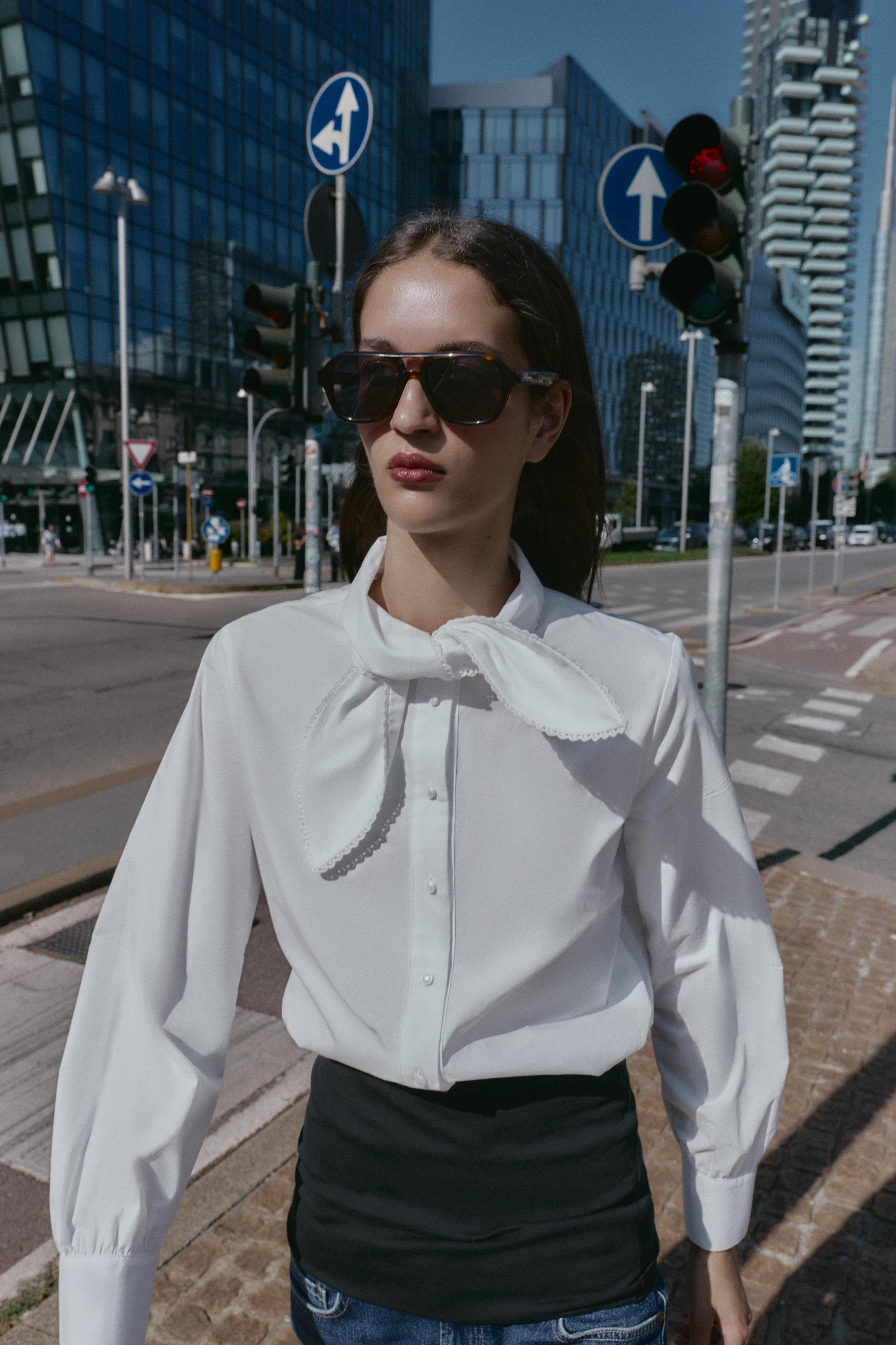 リボン付きポプリンシャツ - ホワイト | ZARA Japan / 日本