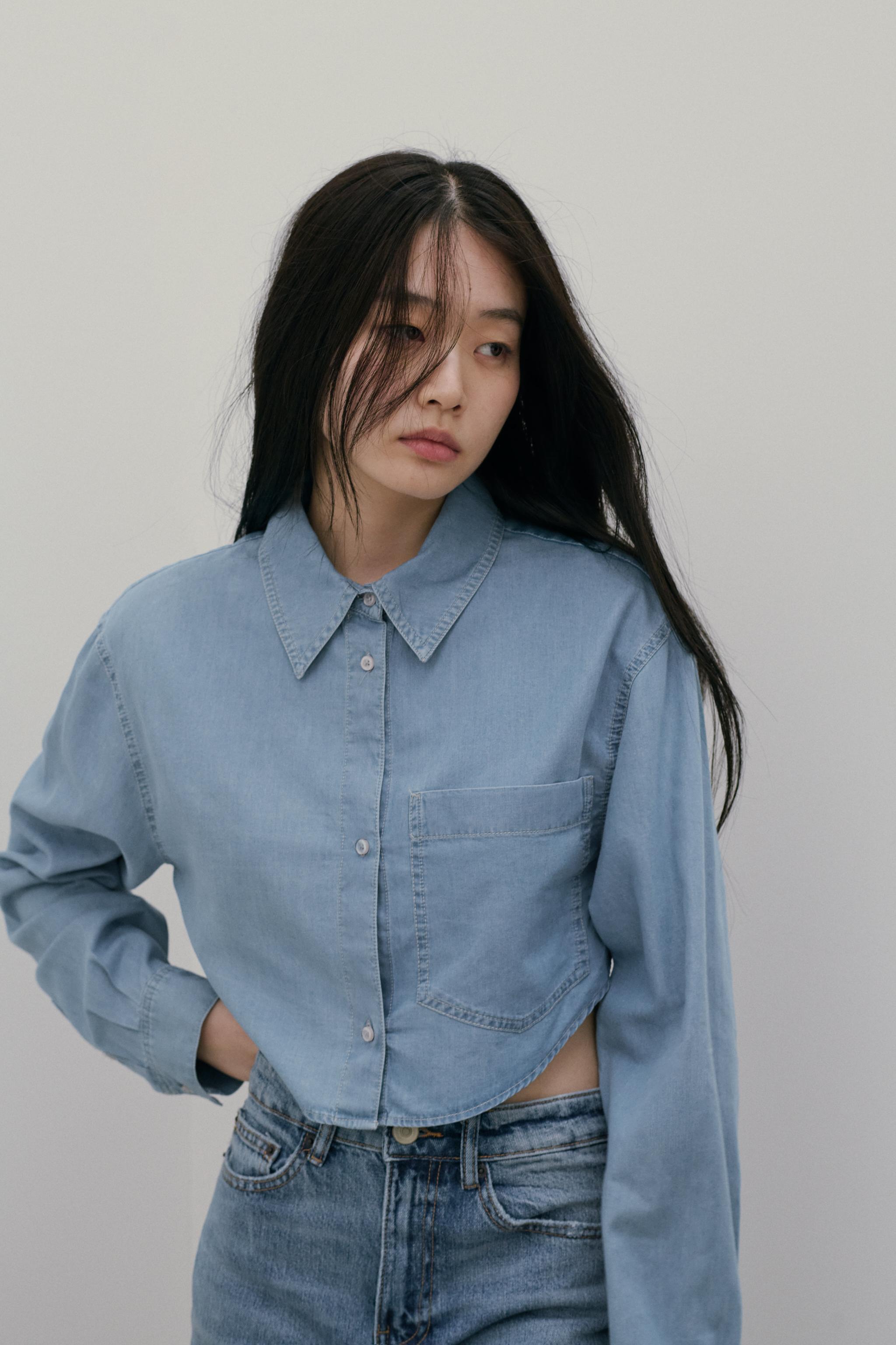 クロップド丈デニムシャツ - ブルー | ZARA Japan / 日本