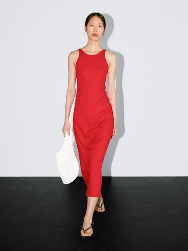 Zara 100% linen round neck midi dress - Red