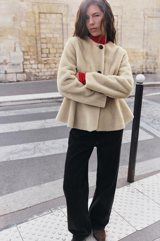 Zara Faux Fur Peplum Jacket - Ecru - Image 0