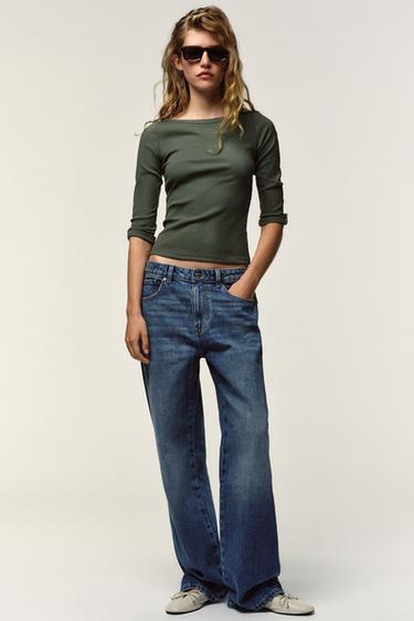 تيشرت RIB بأزرار - كاكي الخاص بـ Zara