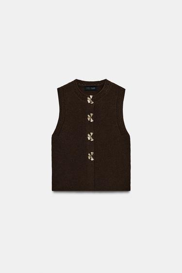 KNIT WAISTCOAT WITH METAL BUTTONS - Brown by Zara