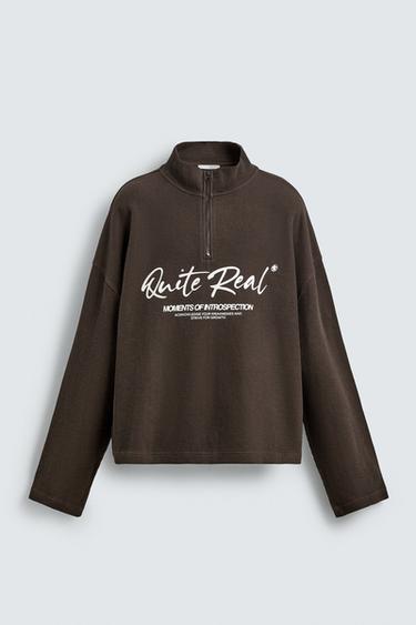Zara PRINTED QUARTER-ZIP SWEATSHIRT - Chocolate brown