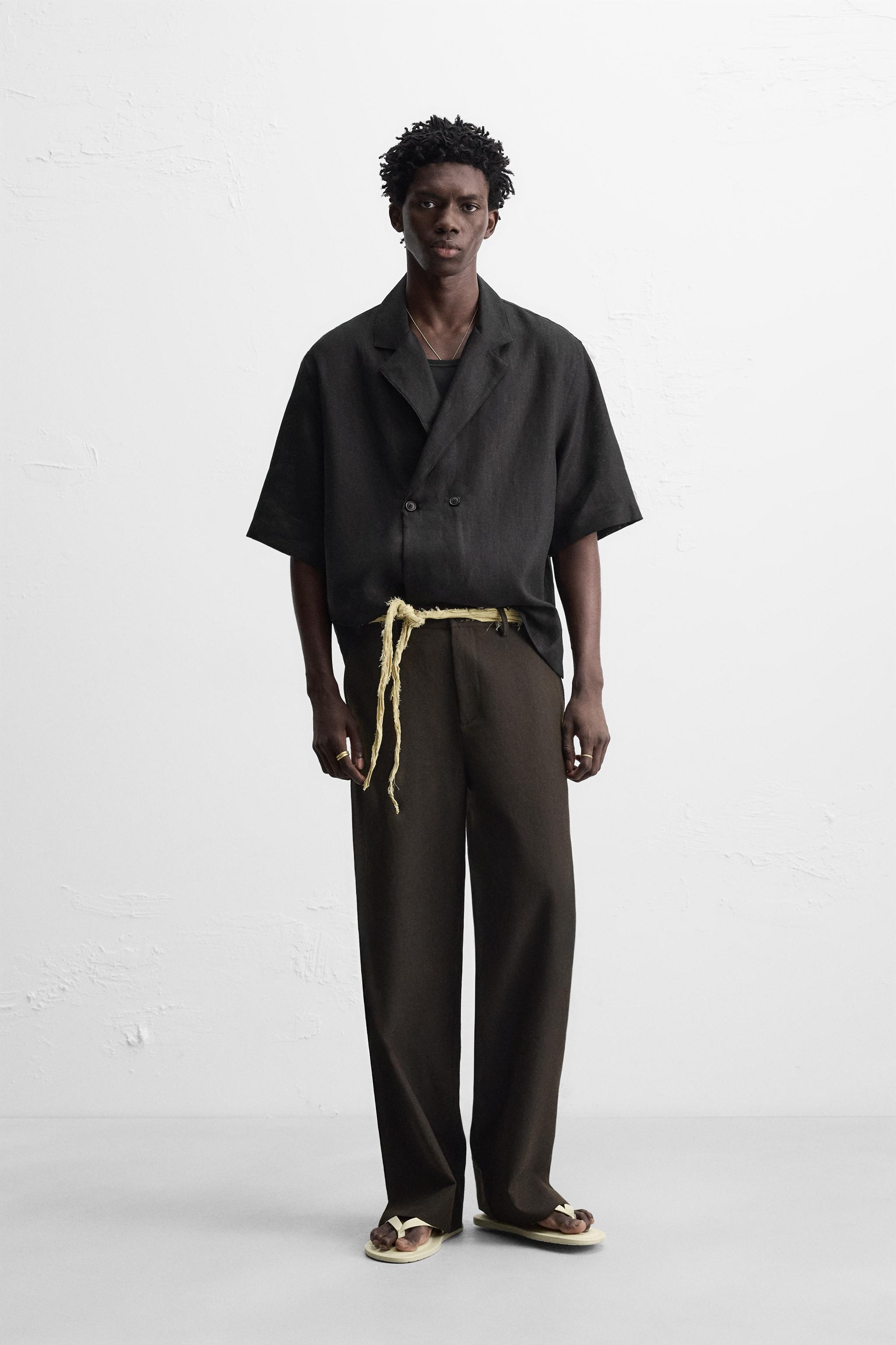 100%リネン着物シャツ - ブラック | ZARA Japan / 日本