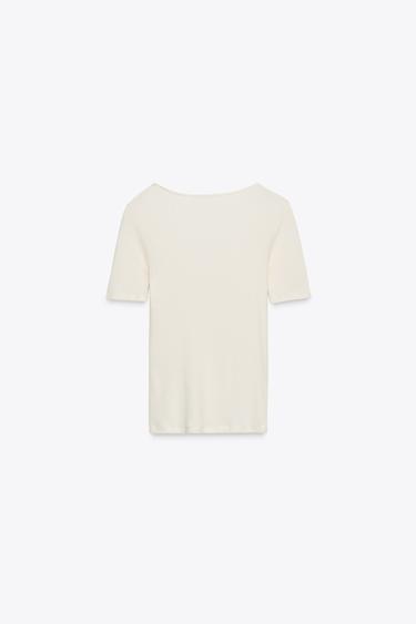 T-SHIRT CÔTELÉ DENTELLE - Blanc cassé de Zara - Image 6
