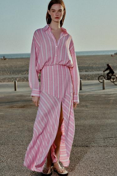 FALDA MIDI CON LINO RAYAS - Rosa / Blanco de Zara