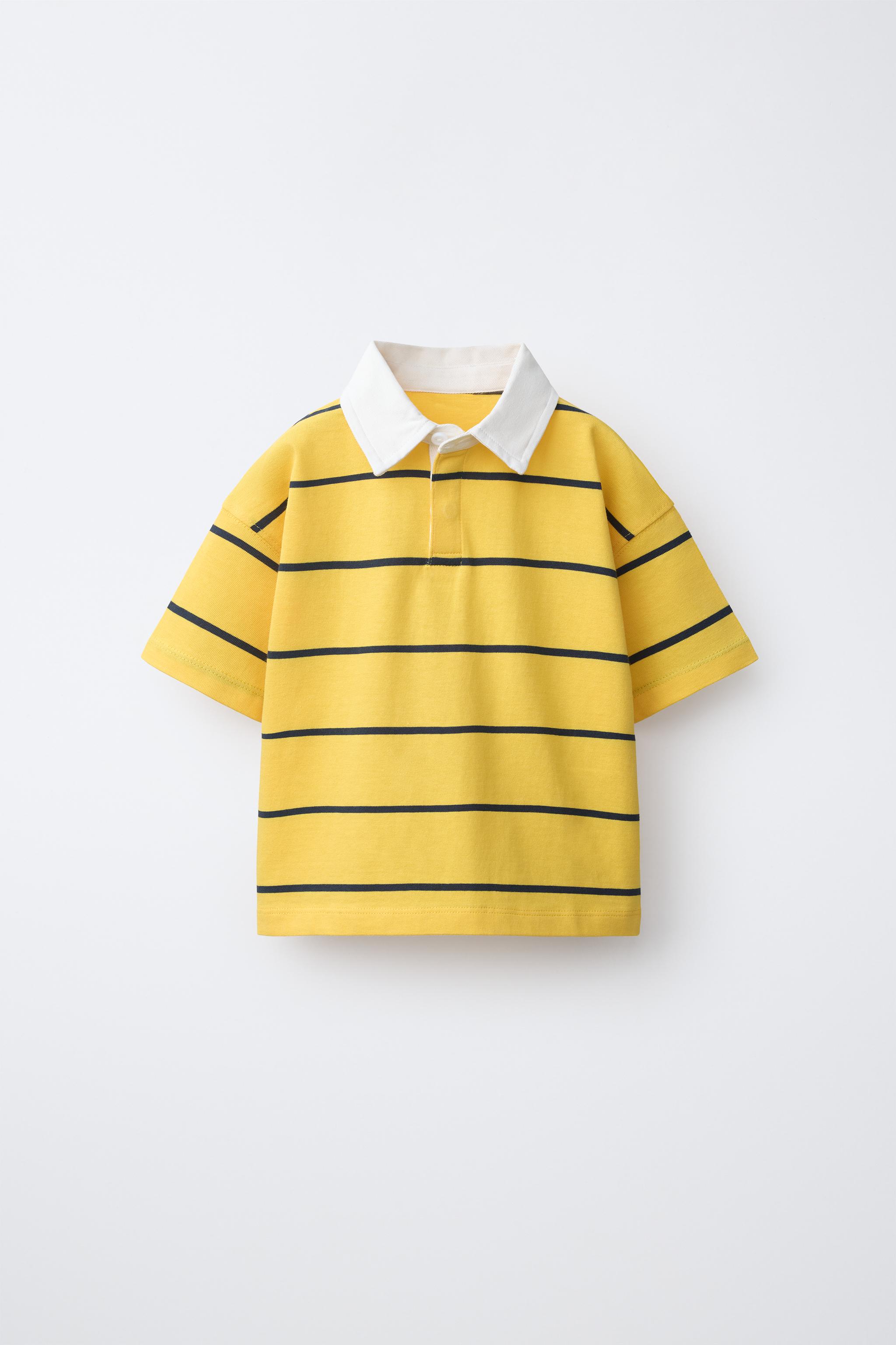 CONTRAST COLLAR STRIPED POLO — Mid-yellow