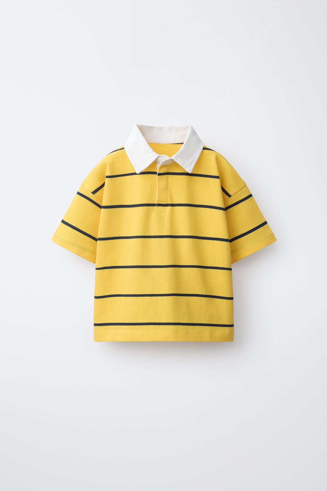 CONTRAST COLLAR STRIPED POLO — Mid-yellow