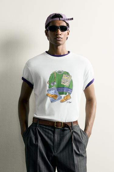 T-SHIRT À IMPRIMÉ CONTRASTANT - Blanc cassé de Zara